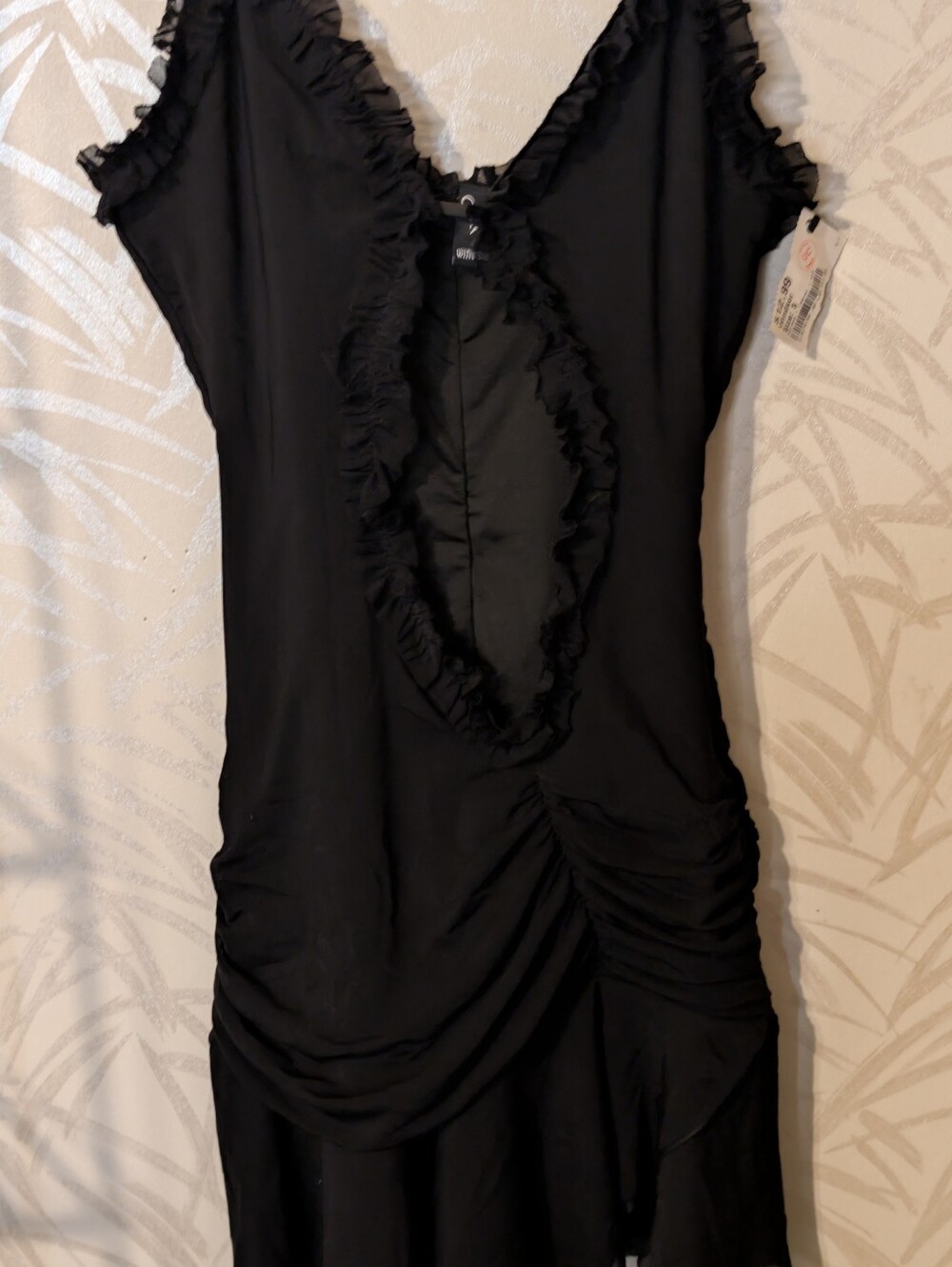 Windsor Black RuffleTrim Open Front Design Mini Dress With Spagetti Straps-Sm